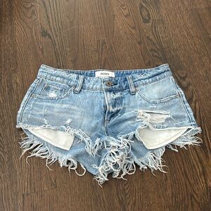 low rise frayed denim shorts